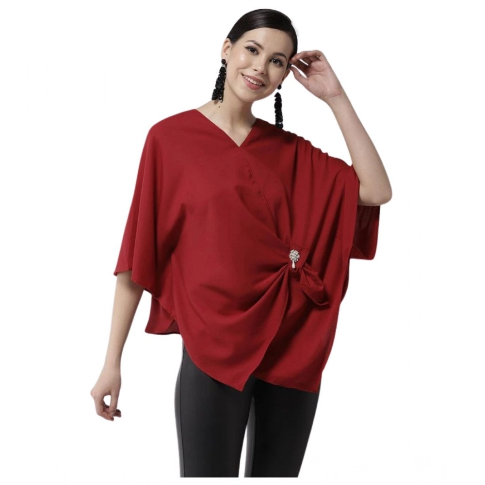 Generic Women's Polyester Solid Cape Sleeve Top (Red)