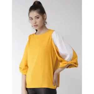 Generic Women's Polyester Colour Block Slit Sleeve Top (Yellow-White)
