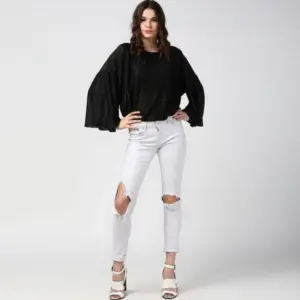 Generic Women's Polyester Pleated Balloon Sleeve Top (Black)