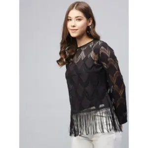 Generic Women's Lace Self Design Short Sleeve Top (Black)