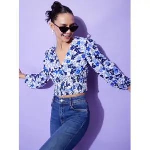 Generic Women's Polyester Floral Long Sleeves Top (Blue)