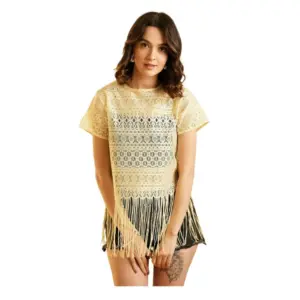 Generic Women's Polyester Lace Self Design Short Sleeve Top (Yellow)