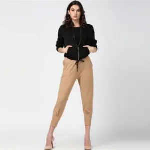 Generic Women's Polyester Solid Elasticated Trousers (Beige)