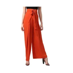 Generic Women's Polyester Solid Smocked Trousers (Orange)