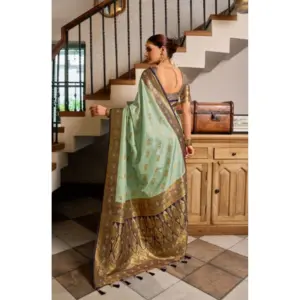 Women's Silk Blend Booti Work Saree with Blouse – Sea_Green