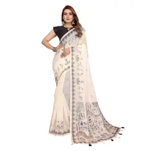 Women's Linen Cotton Printed Saree – Off White