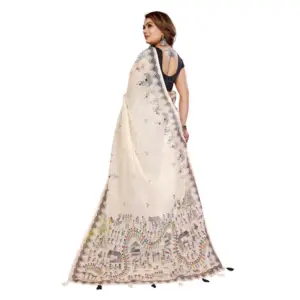 Women's Linen Cotton Printed Saree – Off White