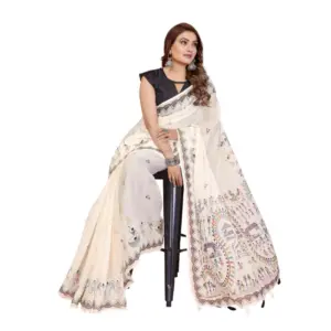 Women's Linen Cotton Printed Saree – Off White