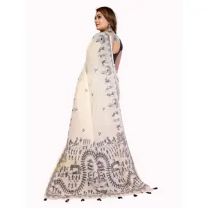 Women's Linen Cotton Printed Saree – Off White