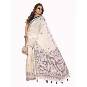Women's Linen Cotton Printed Saree – Off White