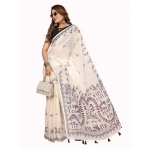 Women's Linen Cotton Printed Saree – Off White