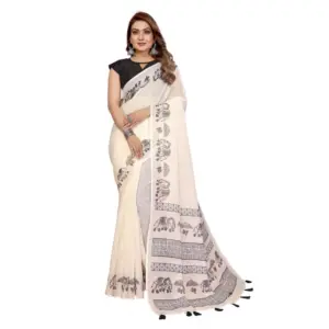 Women's Linen Cotton Printed Saree – Off White