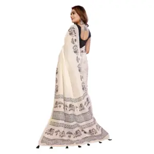 Women's Linen Cotton Printed Saree – Off White
