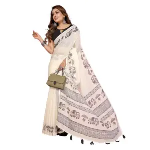 Women's Linen Cotton Printed Saree – Off White