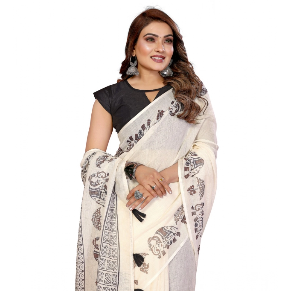 Women's Linen Cotton Printed Saree – Off White