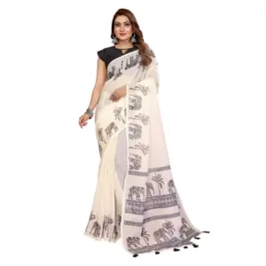 Women's Linen Cotton Printed Saree – Off White