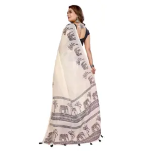 Women's Linen Cotton Printed Saree – Off White