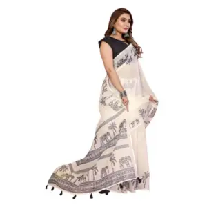 Women's Linen Cotton Printed Saree – Off White