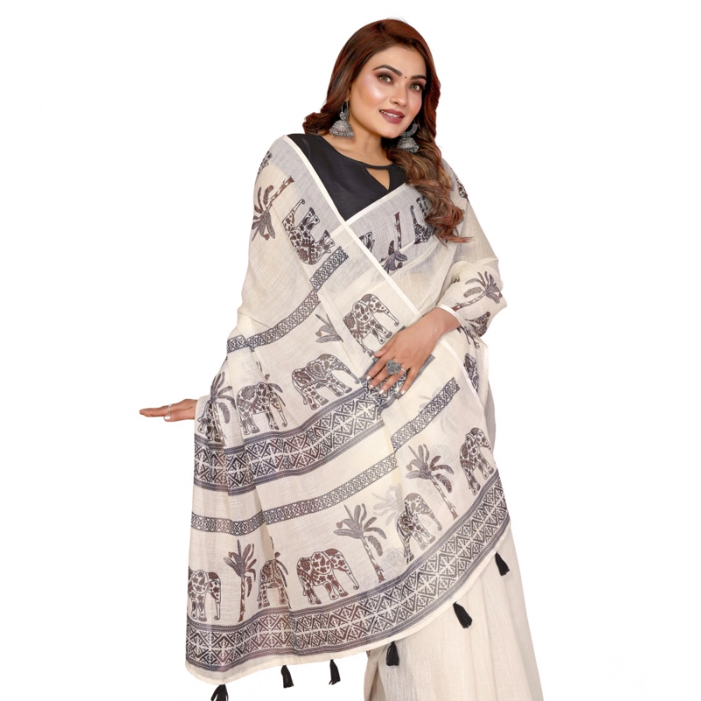 Women's Linen Cotton Printed Saree – Off White