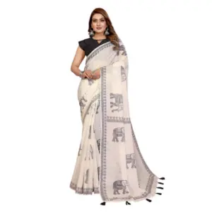 Women's Linen Cotton Printed Saree – Off White