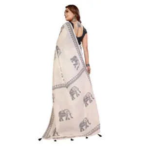 Women's Linen Cotton Printed Saree – Off White