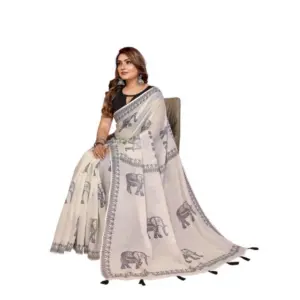 Women's Linen Cotton Printed Saree – Off White
