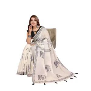 Women's Linen Cotton Printed Saree – Off White