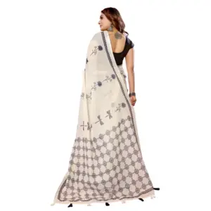 Women's Linen Cotton Printed Saree – Off White