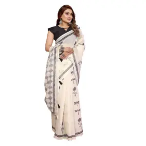 Women's Linen Cotton Printed Saree – Off White