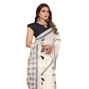 Women's Linen Cotton Printed Saree – Off White