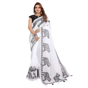 Women's Linen Cotton Printed Saree – White