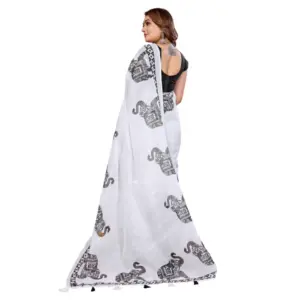 Women's Linen Cotton Printed Saree – White
