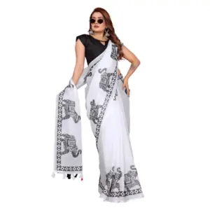 Women's Linen Cotton Printed Saree – White
