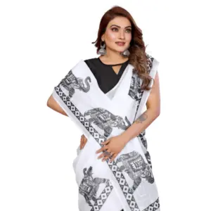 Women's Linen Cotton Printed Saree – White