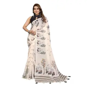 Women's Linen Cotton Printed Saree – Off White