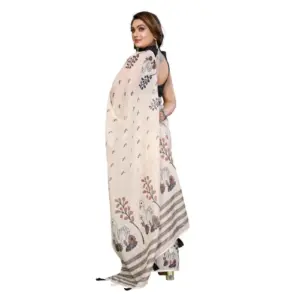 Women's Linen Cotton Printed Saree – Off White