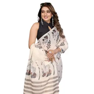 Women's Linen Cotton Printed Saree – Off White
