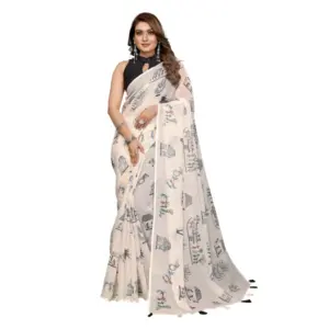Women's Linen Cotton Printed Saree – Off White