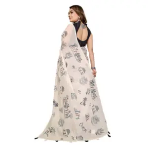 Women's Linen Cotton Printed Saree – Off White