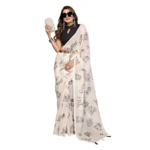 Women's Linen Cotton Printed Saree – Off White