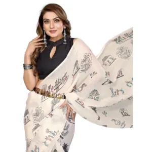 Women's Linen Cotton Printed Saree – Off White