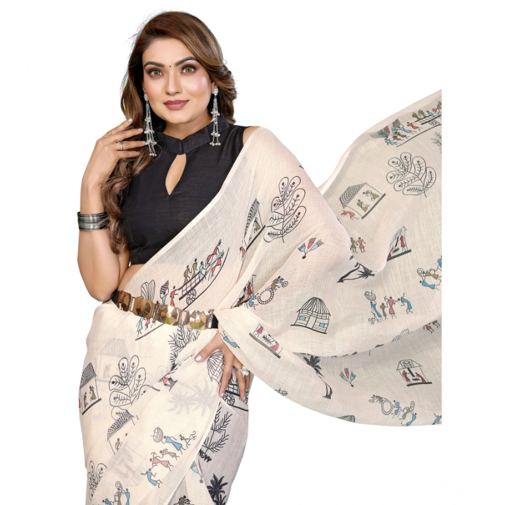 Women's Linen Cotton Printed Saree – Off White