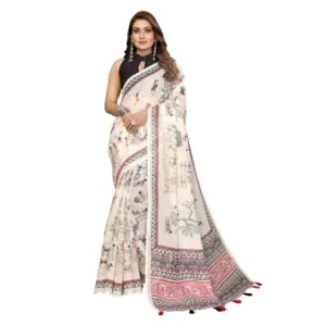 Women's Linen Cotton Printed Saree – Off White