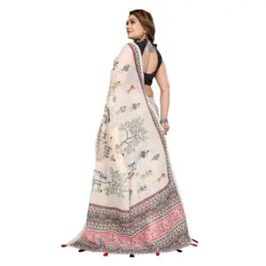 Women's Linen Cotton Printed Saree – Off White