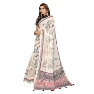 Women's Linen Cotton Printed Saree – Off White