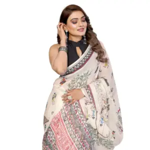 Women's Linen Cotton Printed Saree – Off White