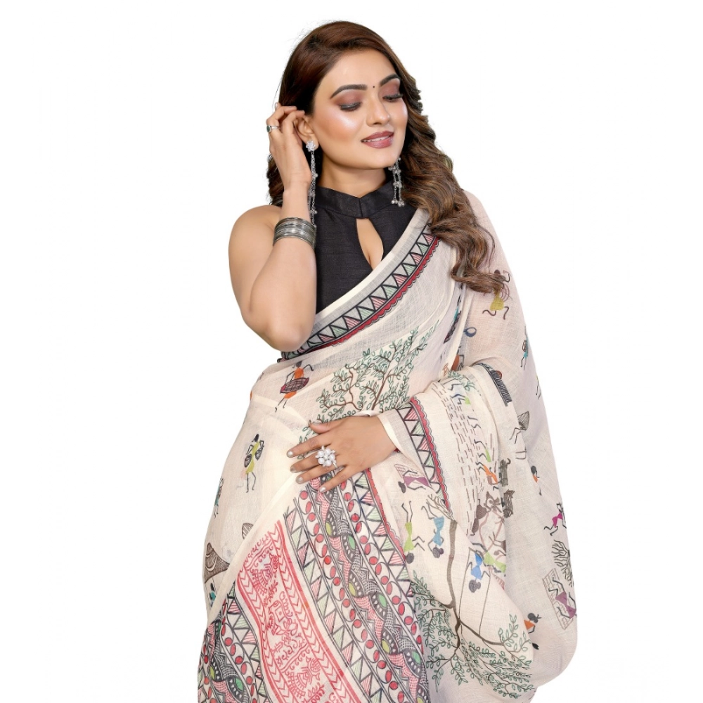Women's Linen Cotton Printed Saree – Off White