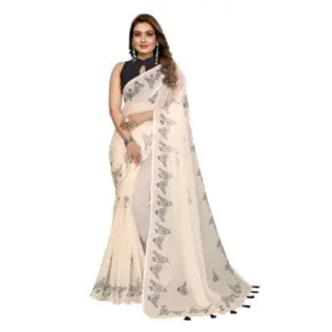 Women's Linen Cotton Printed Saree – Off White