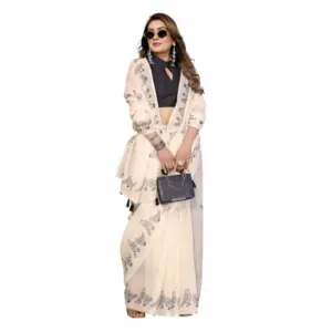 Women's Linen Cotton Printed Saree – Off White