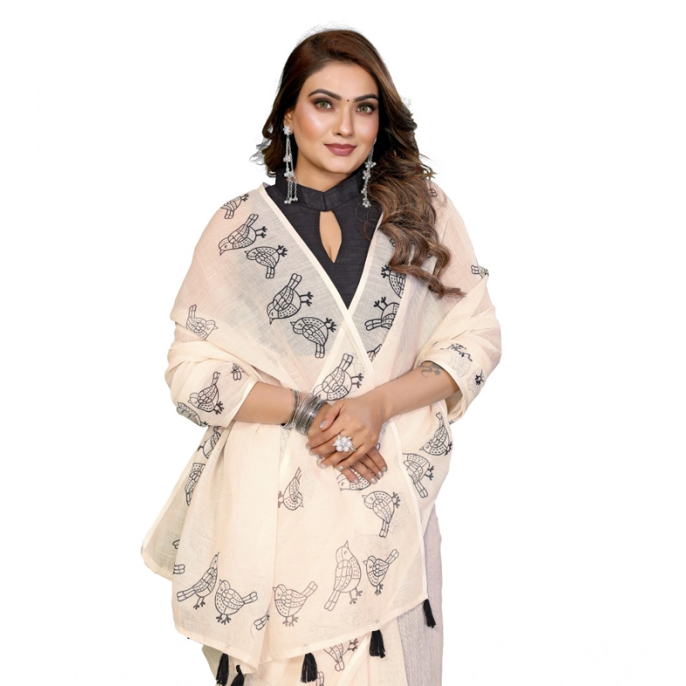 Women's Linen Cotton Printed Saree – Off White